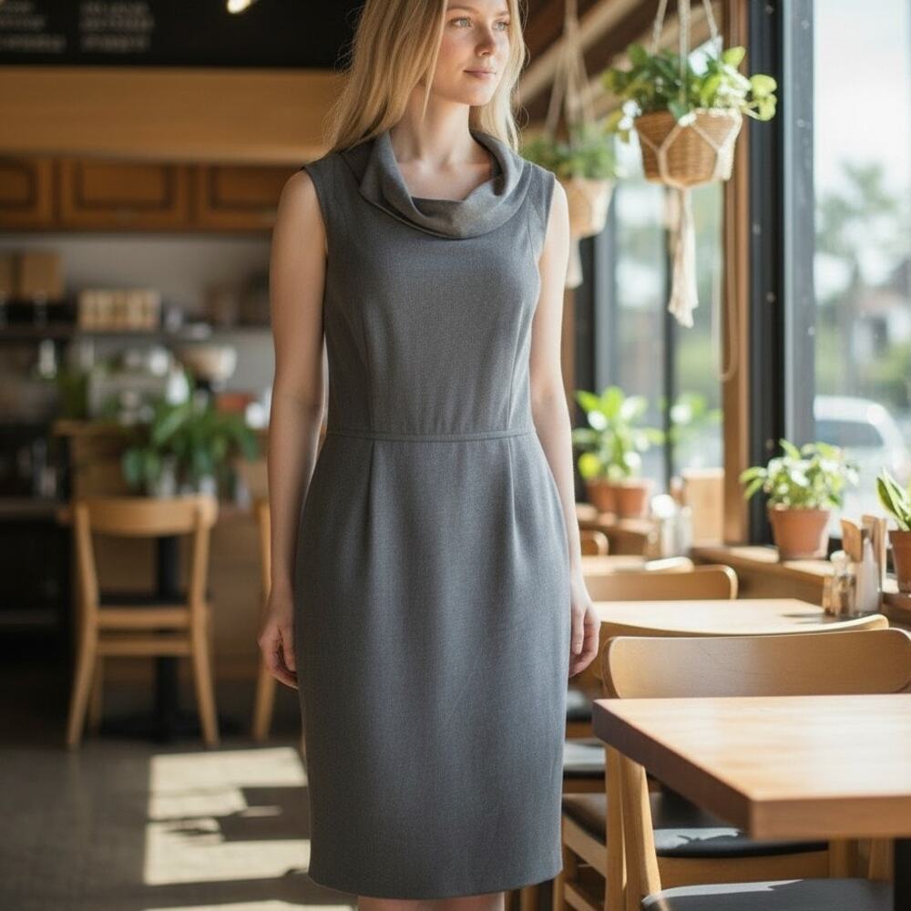 Tahari‎ Gray Sleeveless Dress Sz 10 Cowl Neck Zip Up Back Slit Back